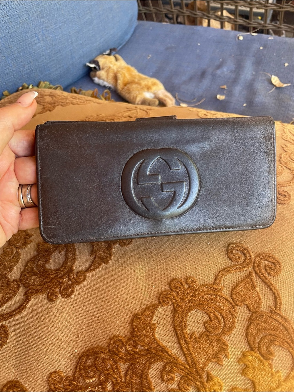 Gucci Dark Brown Leather Card  Holder with Embossed Interlocking GG